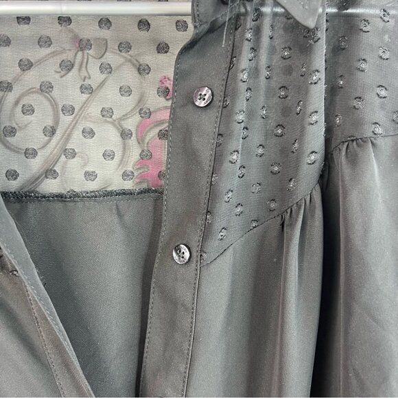 Laundry By Shelli Segal long sleeve dotted Polka dot buttons Black Sheer Blouse - Picture 10 of 13